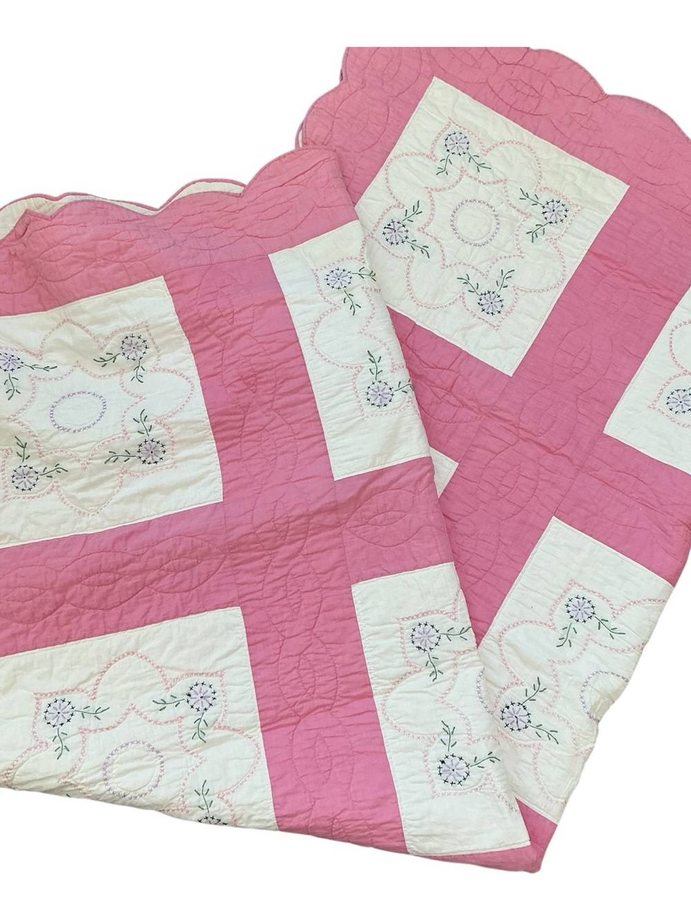 Vintage hand stitched pink and white color block quilt 64 x 84 USA made
